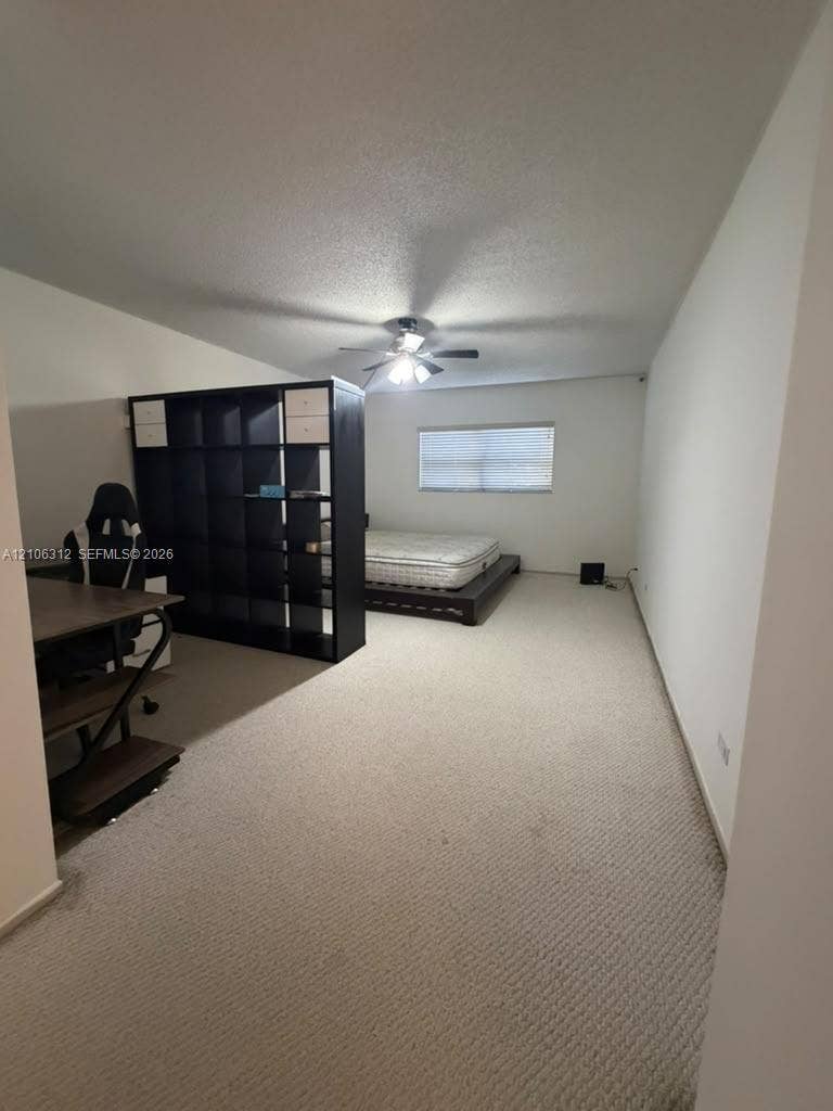800 NE 195th Street, #311, Miami, Miami, FL 33179 Neutral wall-to-wall carpeting, ceiling fan with integrated lighting, and a single window with horizontal blinds