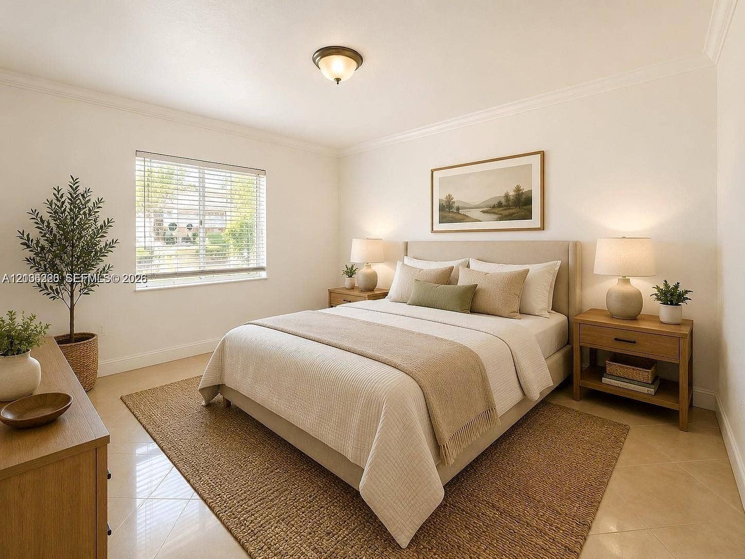 Neutral-toned interior featuring smooth-finish tile flooring, crown molding, and horizontal blind window treatments