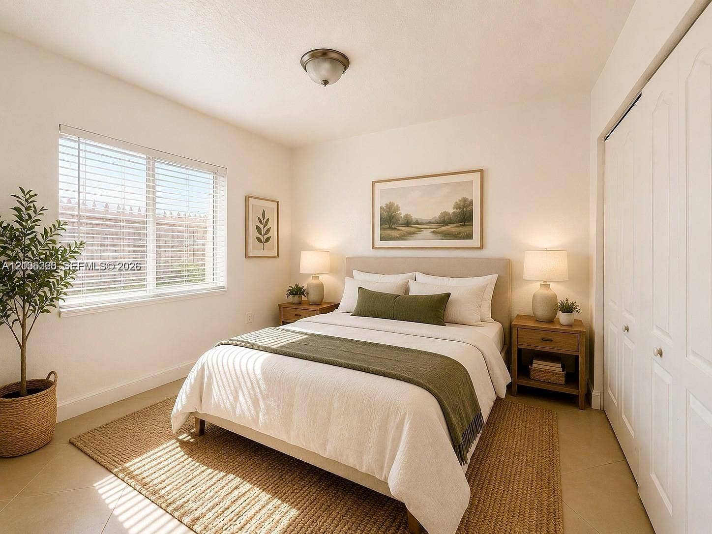 Neutral interior featuring large-format tile flooring, double-door closet, and dual-pane window with horizontal blinds