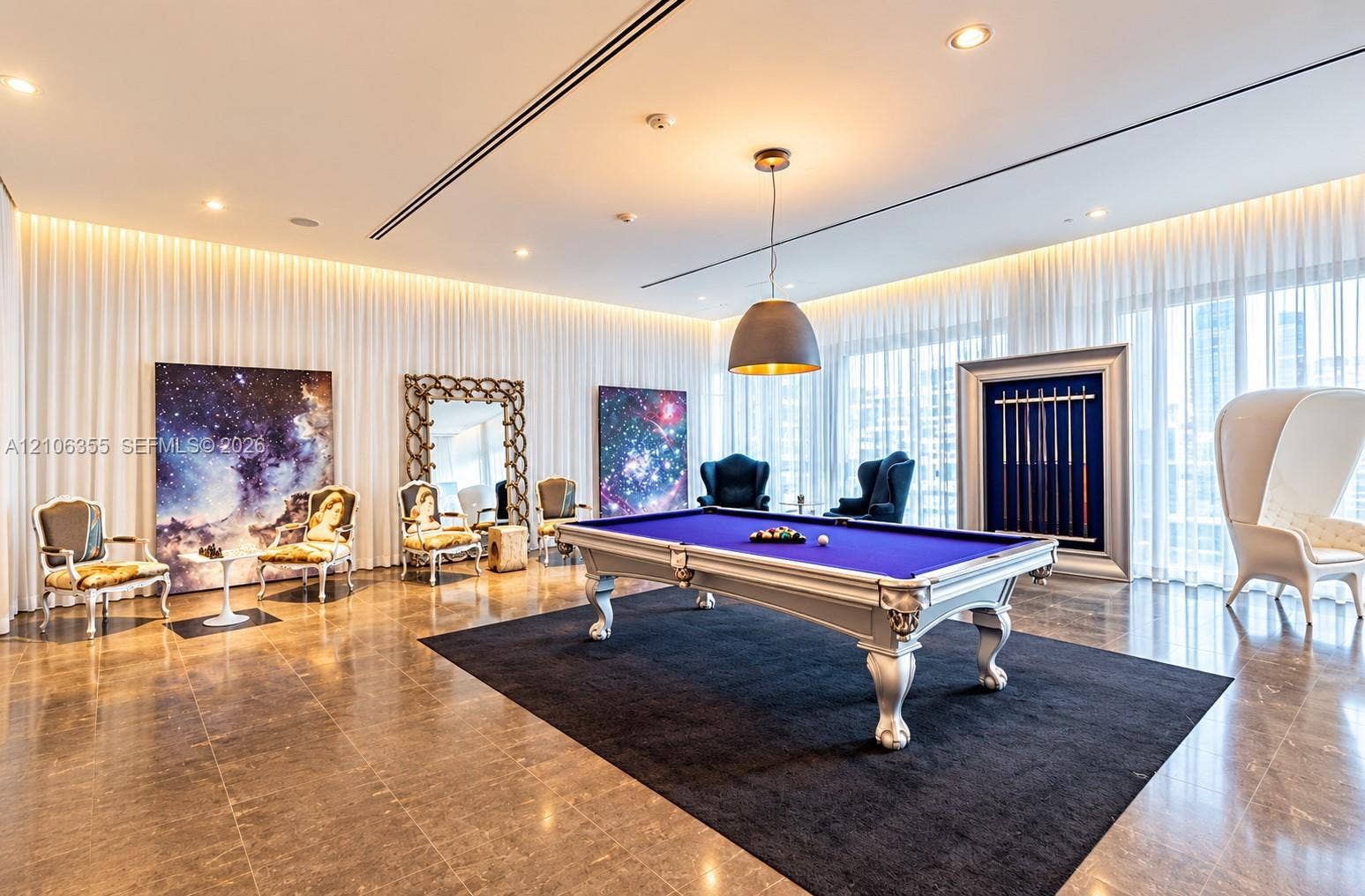 495 Brickell Avenue, #1906, Miami, Miami, FL 33131 Large-format polished stone flooring, floor-to-ceiling sheer drapery, recessed lighting, and a large-scale pendant light fixture