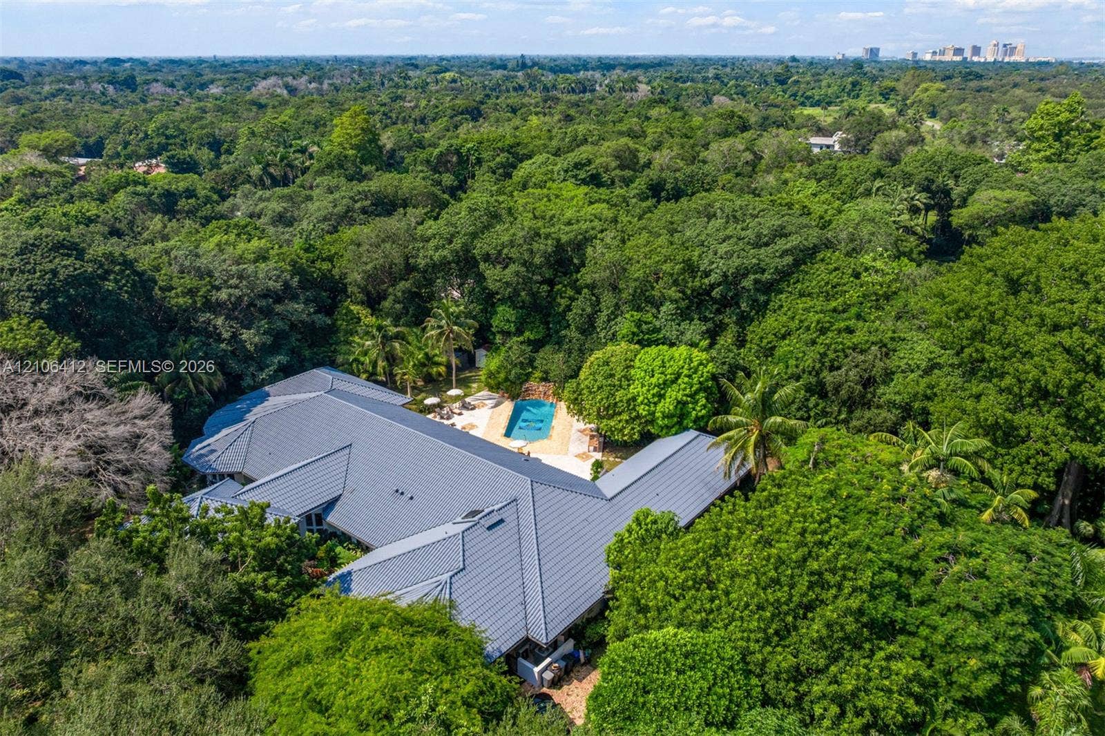 Aerial perspective of a sprawling property featuring a metal-panel roof, a rectangular swimming pool, and extensive mature tree canopy