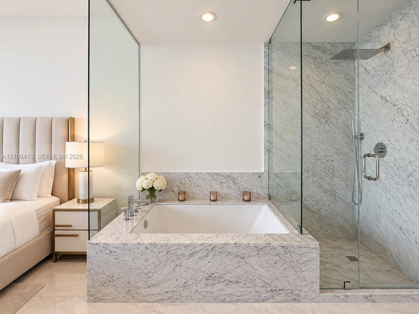 480 NE 31st Street, #1404, Miami, FL 33137 Soaking tub with stone surround, glass-enclosed walk-in shower with rain showerhead, and recessed lighting