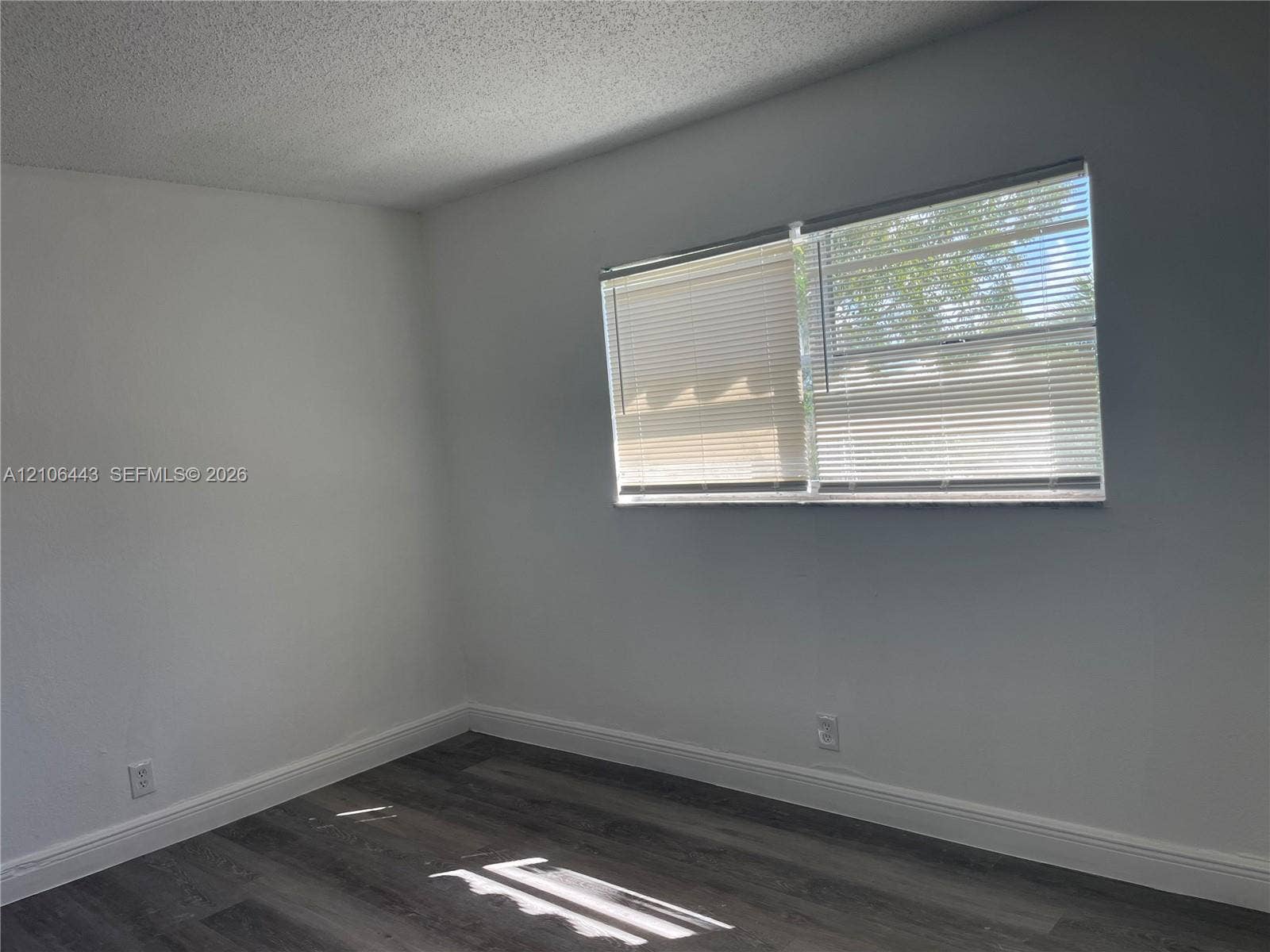 Neutral wall finishes, wood-finish flooring, and a window featuring horizontal blinds