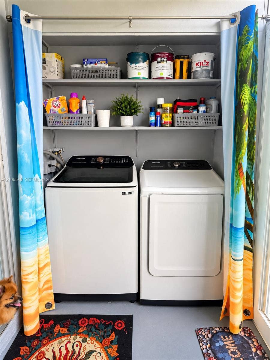 Built-in laundry alcove featuring two stacked storage shelves and a tension-mounted curtain rod