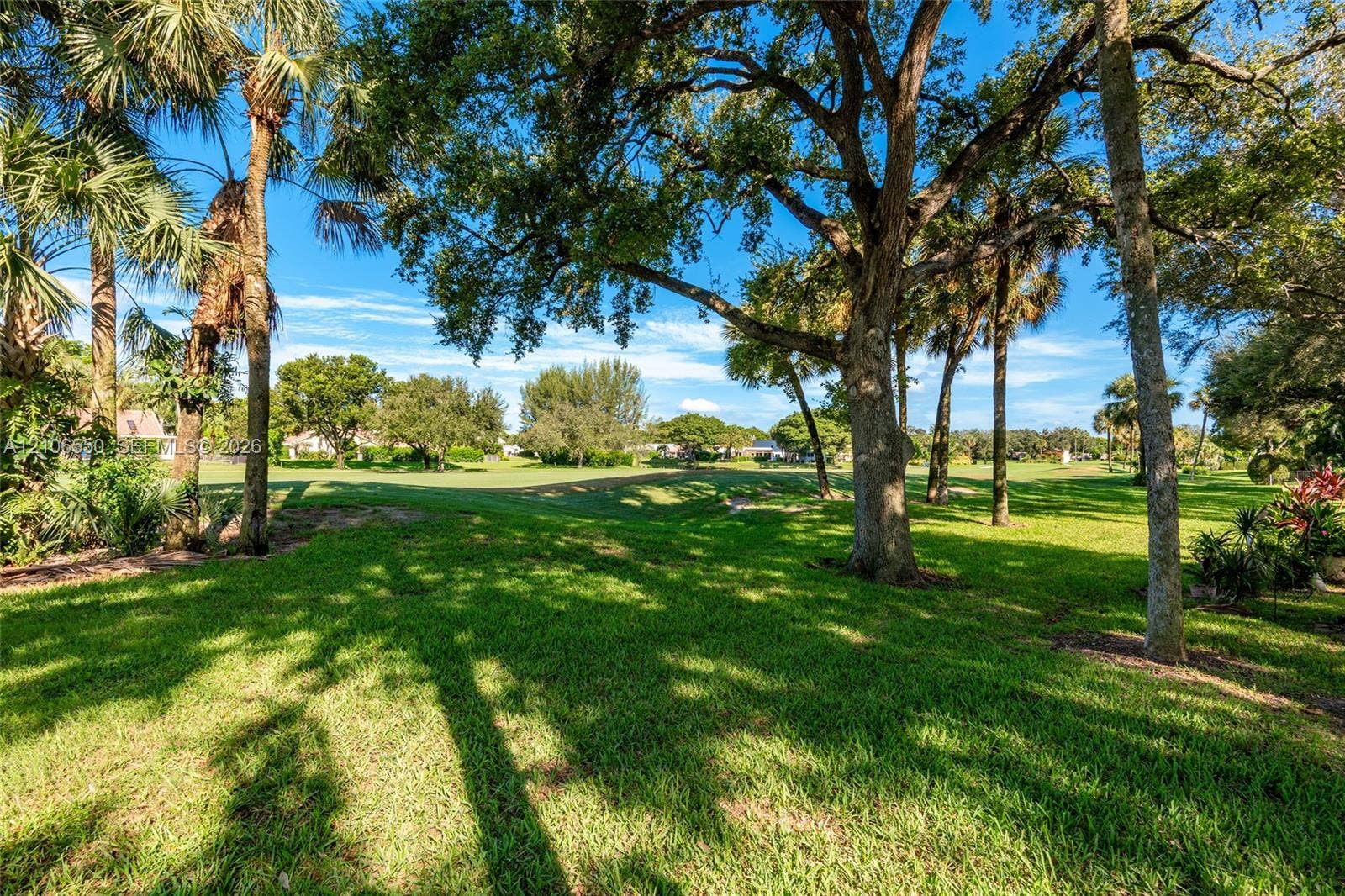Expansive grounds featuring mature shade trees, established palms, and a manicured lawn