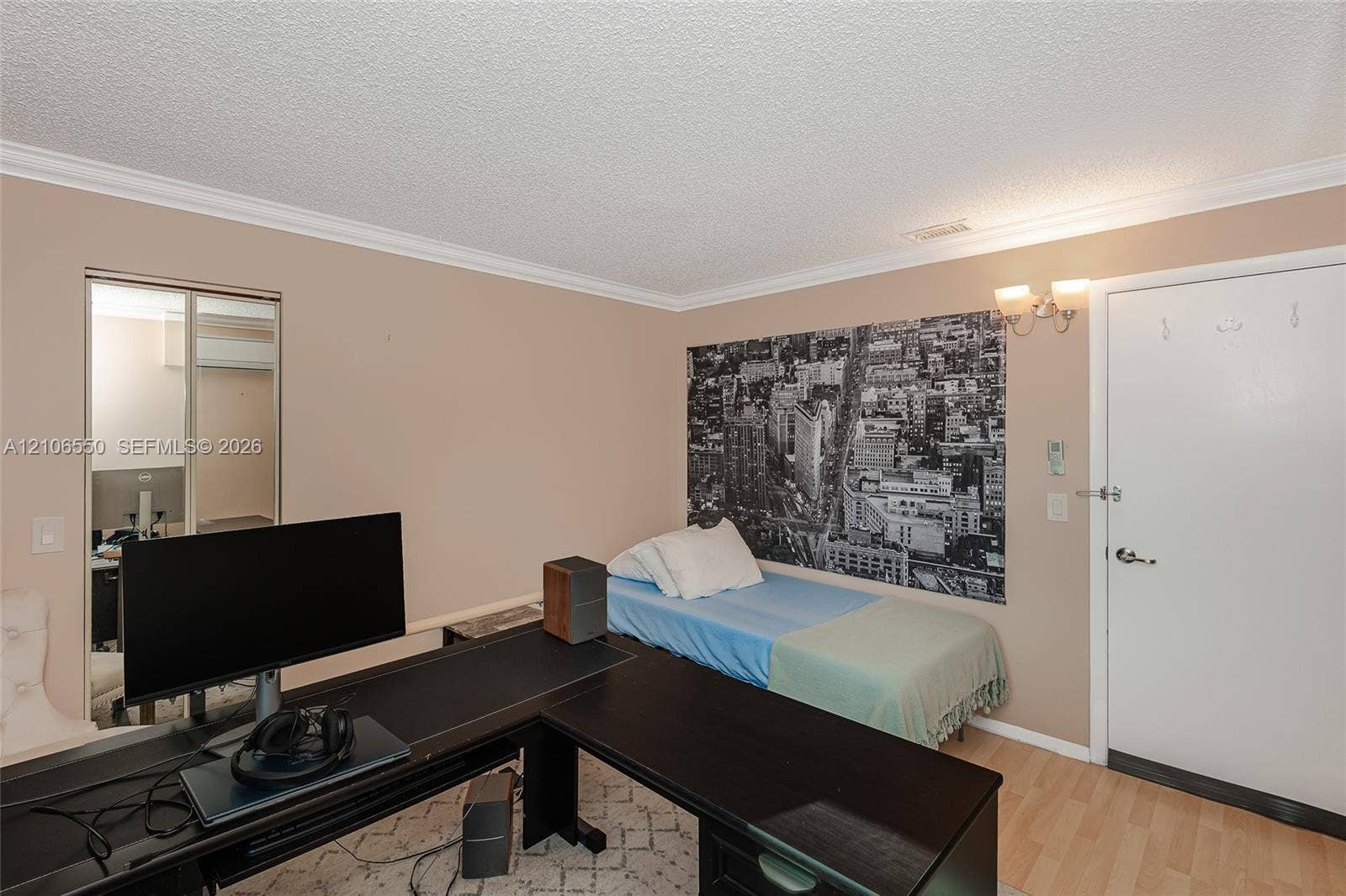 Room featuring wood-finish flooring, crown molding, dual-panel closet doors with mirror inserts, and wall-mounted light fixture