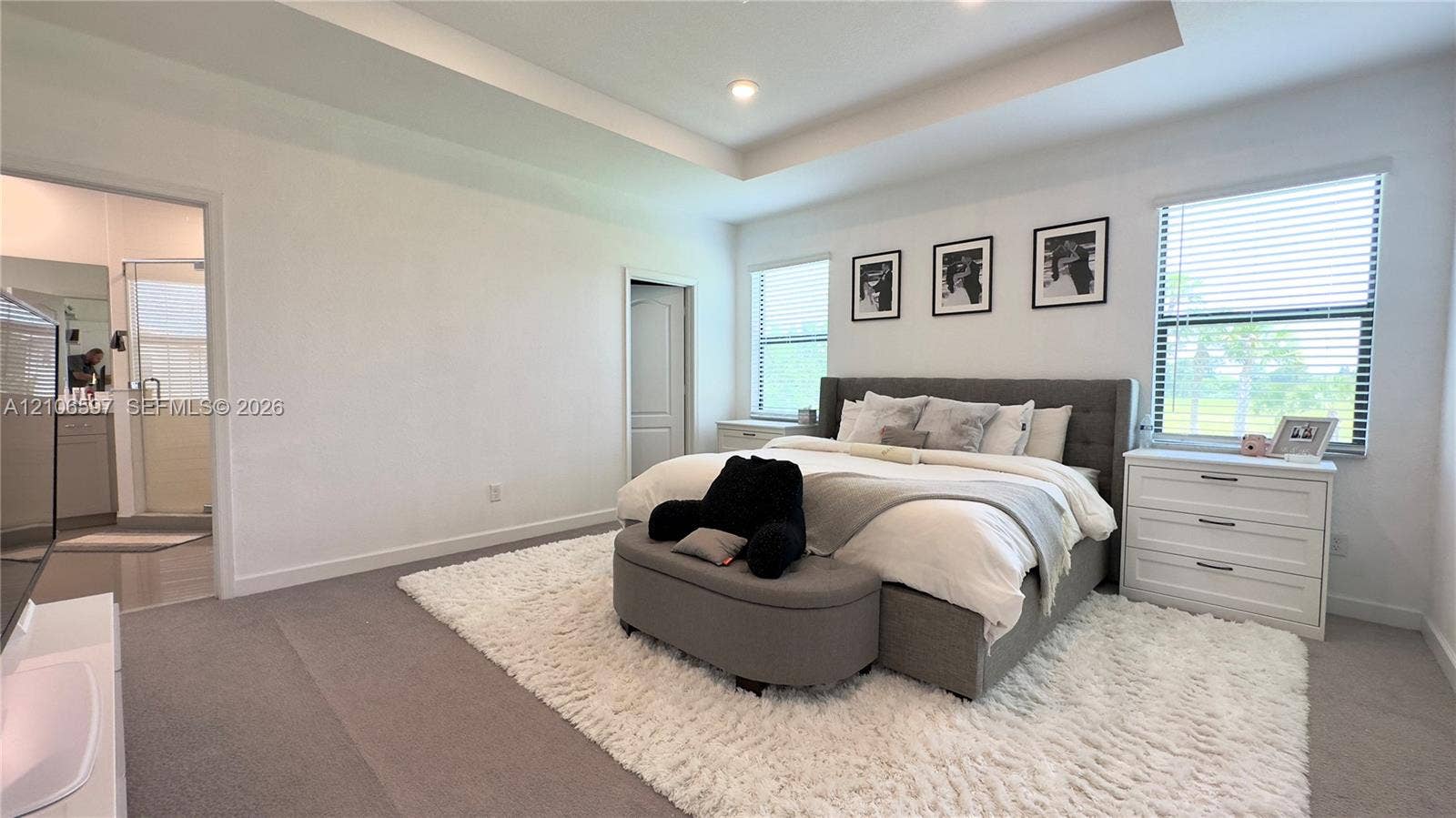 Bedroom interior featuring a tray ceiling, recessed lighting, neutral carpeting, and multiple windows with horizontal blinds