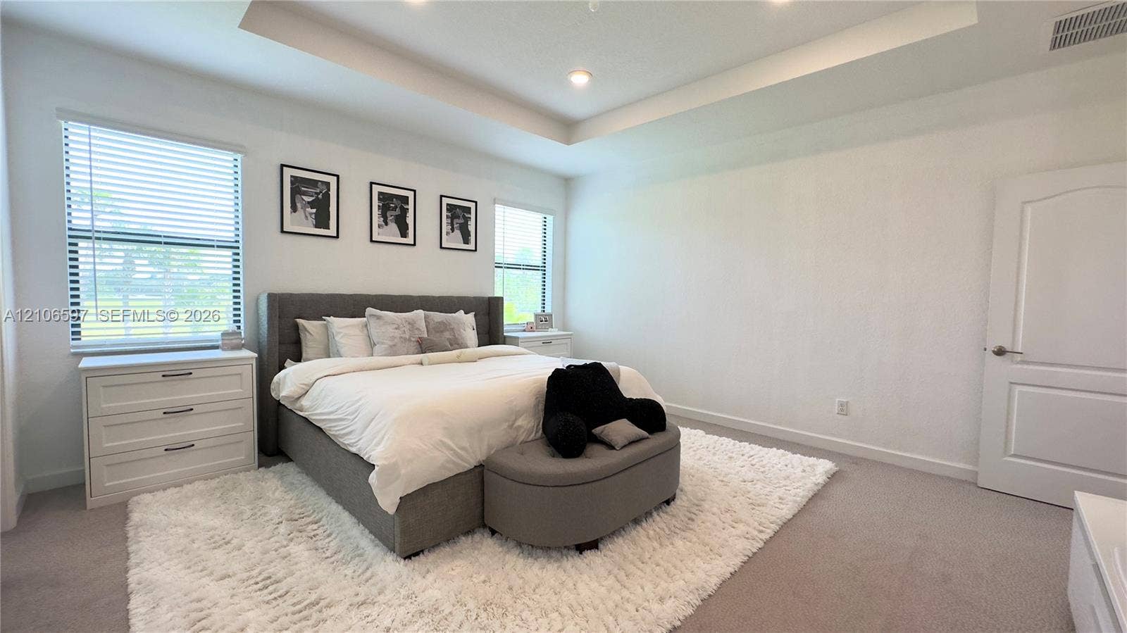 Tray ceiling with recessed lighting, neutral wall palette, and expansive windows