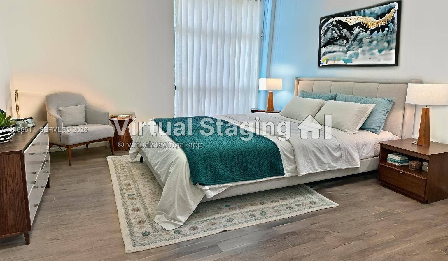 17570 Atlantic Boulevard, #105, Sunny Isles Beach, Sunny Isles Beach, FL 33160 Neutral-toned interior space featuring wood-finish flooring, crisp white walls, and floor-to-ceiling vertical blinds