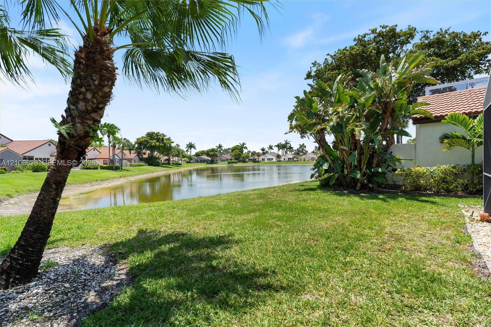 7259 Via Palomar, Boca Raton, FL 33433 Waterfront backyard featuring a manicured lawn, palm trees, mature landscaping, and an open pond setting