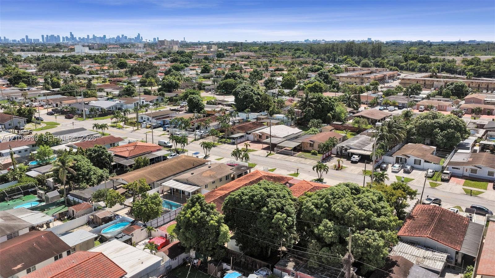 Aerial perspective of a residential neighborhood featuring mature trees and a skyline backdrop
