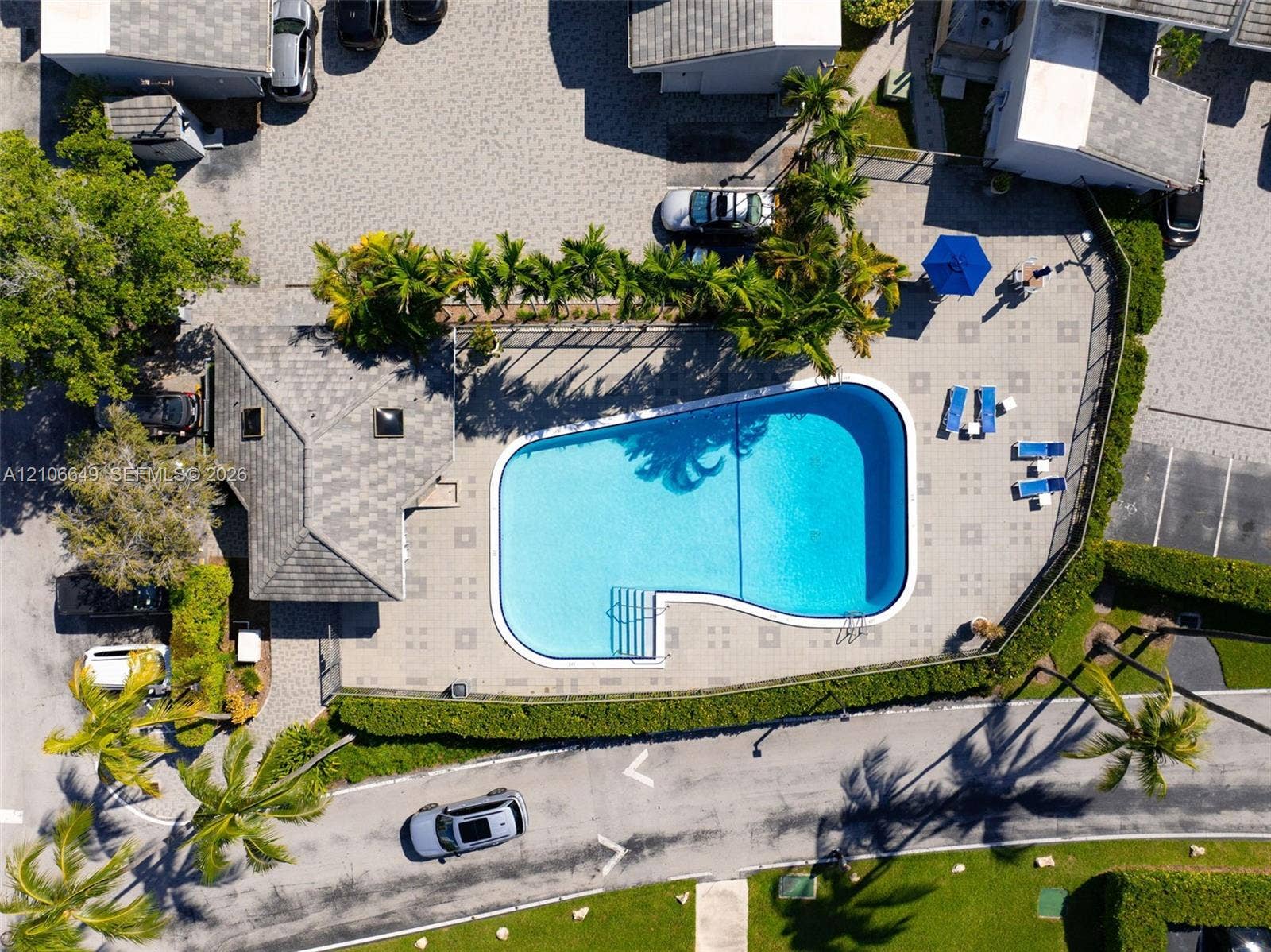 216 Poinciana Drive, #206, Sunny Isles Beach, FL 33160 Aerial view featuring a swimming pool with integrated stairs, expansive paved deck, mature palm trees, and perimeter landscaping