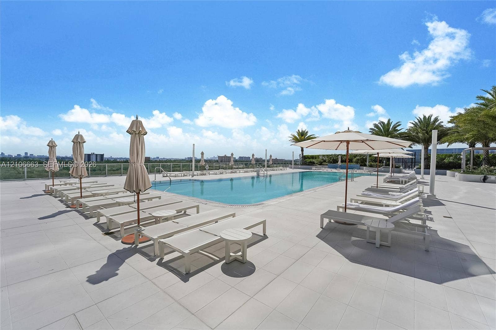 Rooftop swimming pool featuring large-format tile decking, perimeter glass railing, and mature palm trees