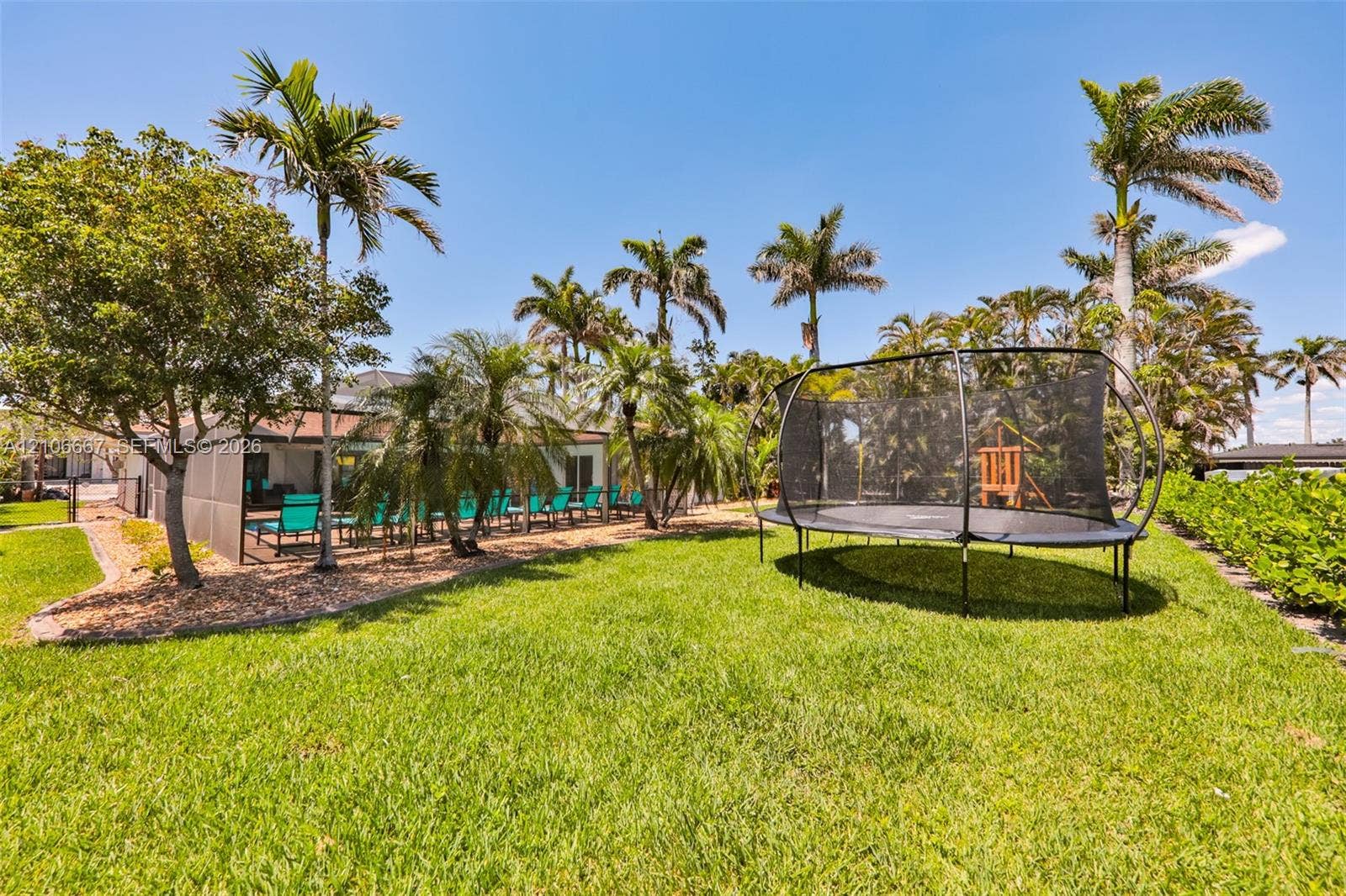 209 Bayshore Drive, Cape Coral, FL 33904 Backyard space featuring a manicured lawn, mature palm trees, perimeter shrubbery, and a screen-enclosed patio area