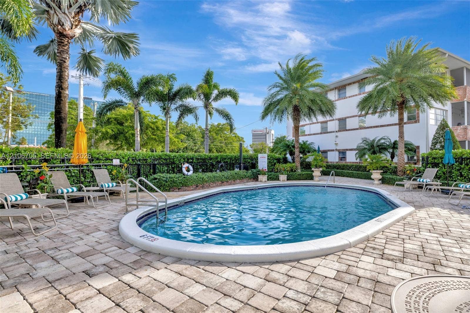 Oval-shaped swimming pool with metal handrails surrounded by a light-toned paved deck, integrated landscaping, and mature palm trees