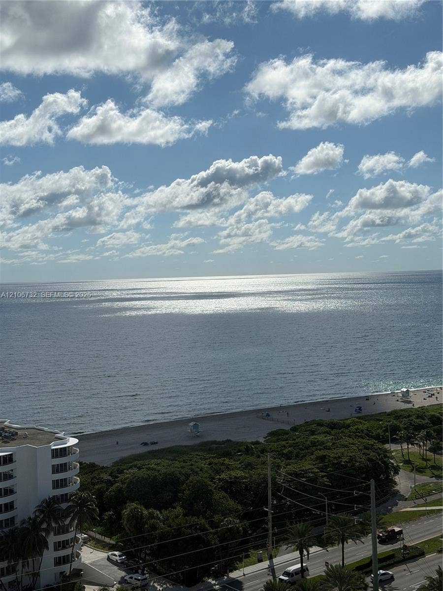 High-rise balcony perspective featuring expansive ocean scenery, a stretch of sandy shoreline, and coastal vegetation