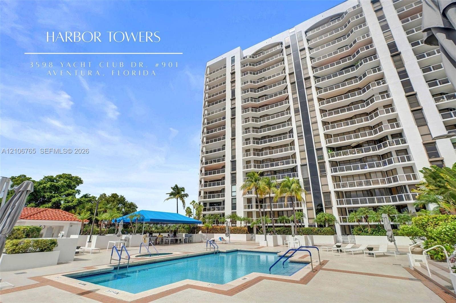 3598 Yacht Club Drive, #901, Aventura, FL 33180 High-rise building exterior, tiered balconies, swimming pool, paved pool deck, and beautiful landscaping