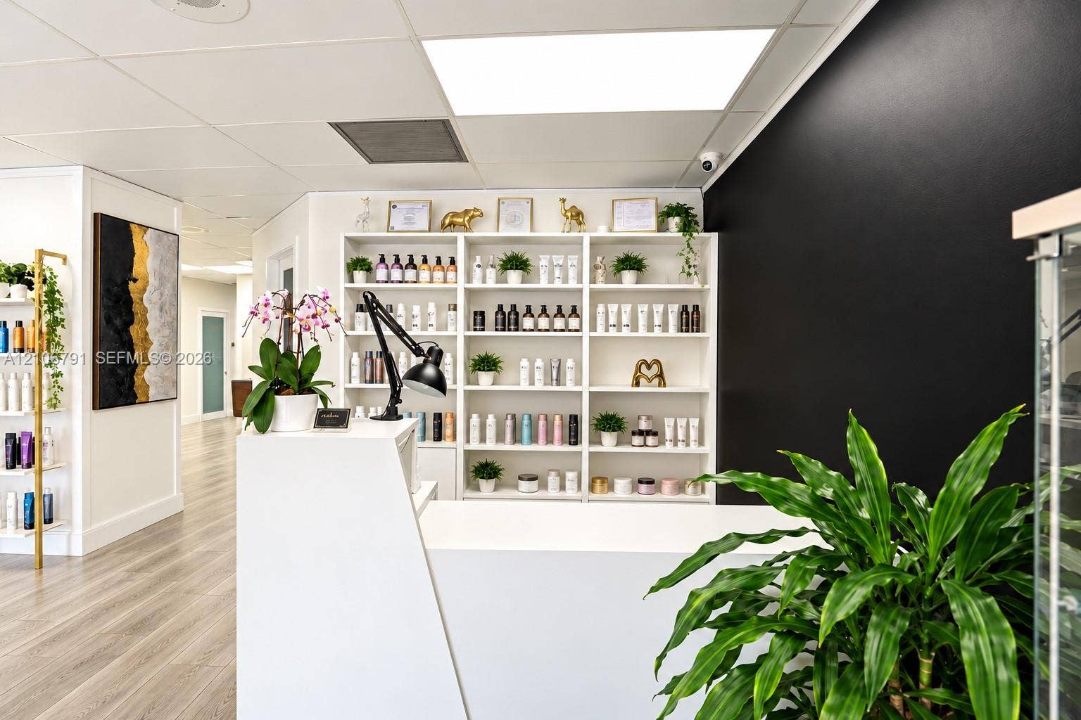 1684 SE 10th Avenue, Fort Lauderdale, Fort Lauderdale, FL 33316 Custom built-in white shelving, wood-finish flooring, recessed LED panel lighting, and a high-contrast black accent wall