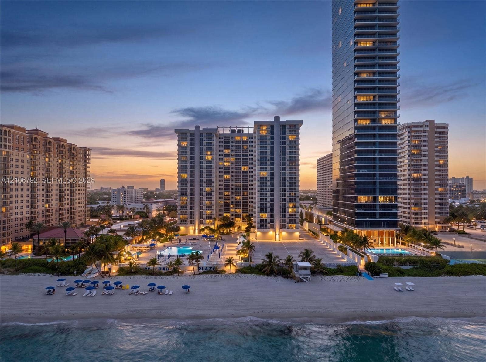 2030 S Ocean Drive, #723, Hallandale Beach, FL 33009 High-rise residential towers featuring direct beach access, multiple outdoor swimming pools, and landscaped grounds