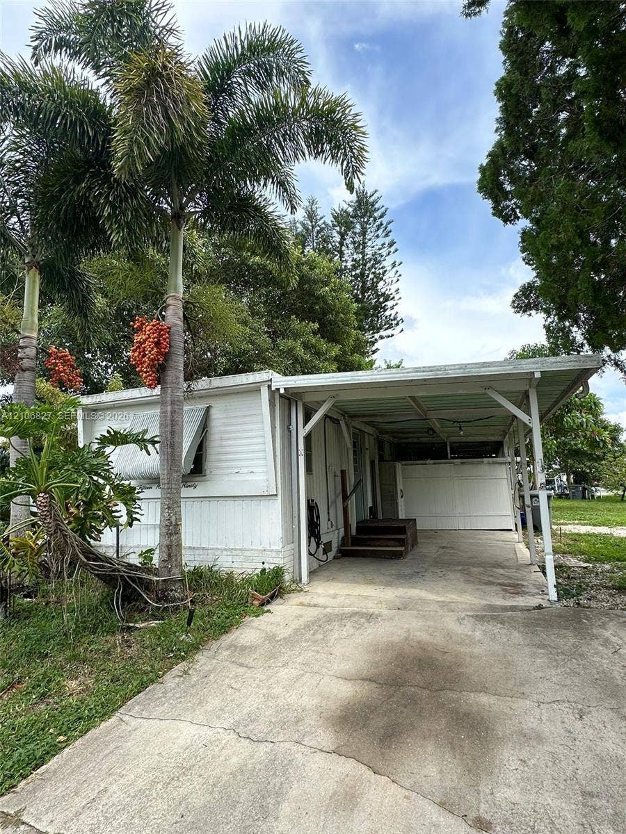 Exterior featuring white siding, a concrete driveway, a covered carport, and metal window awnings situated among mature palm trees