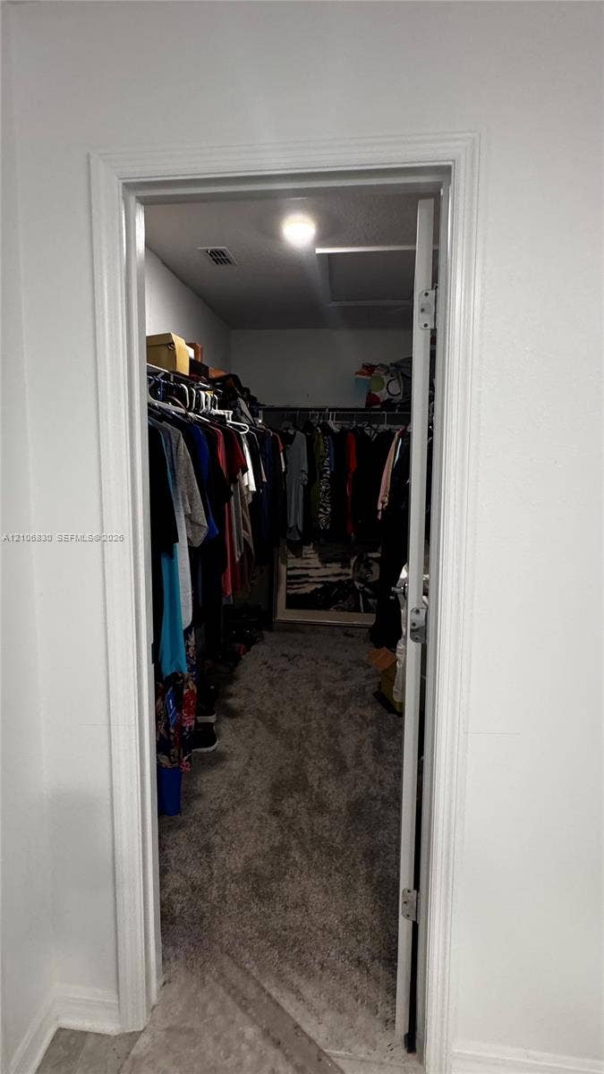 Walk-in closet featuring wall-to-wall carpeting, recessed lighting, and multi-tier wire shelving