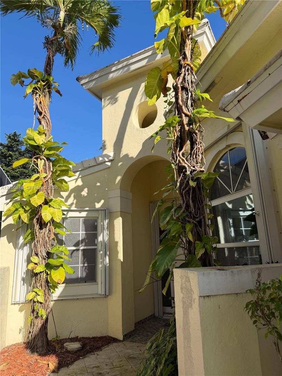 Stucco exterior featuring an arched entryway, decorative oculus window, arched window with muntin detailing, and mature palms