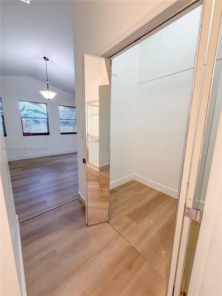 Wood-finish flooring, vaulted ceiling, built-in mirror-paneled closet door, and pendant lighting