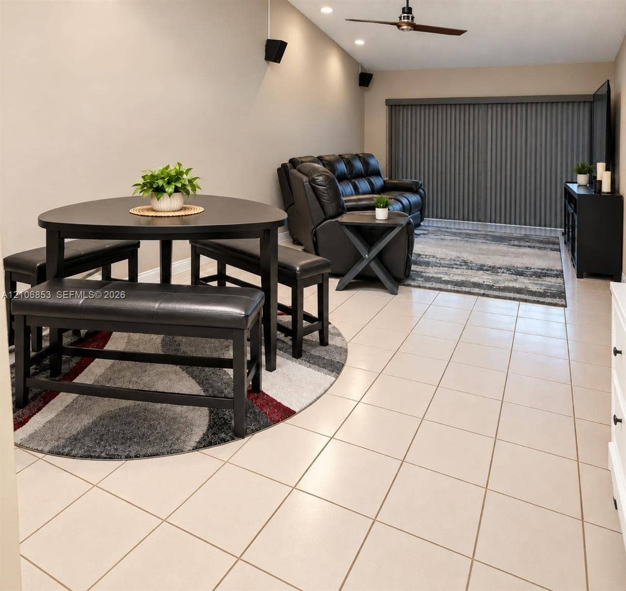 6331 Pinehurst Circle W, #C35, Tamarac, FL 33321 Neutral tile flooring, recessed ceiling lighting, and a ceiling fan with integrated lighting