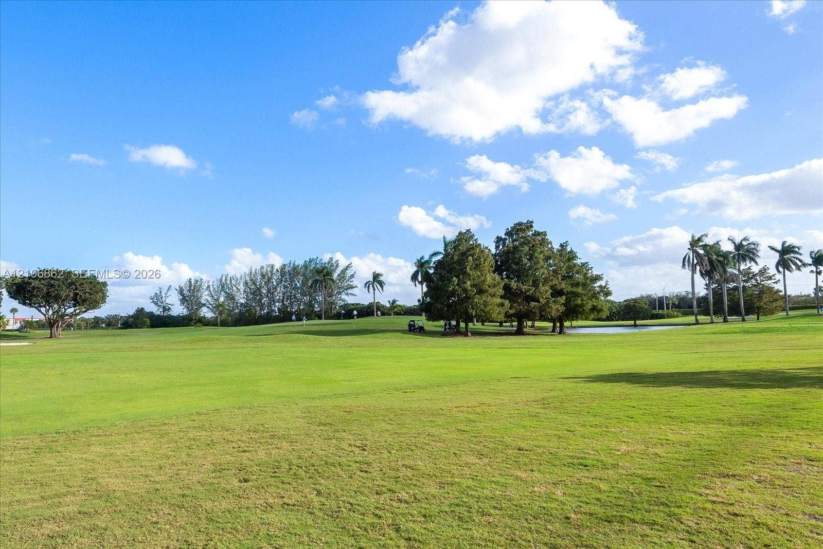 Expansive green space featuring mature trees, manicured turf, and water features