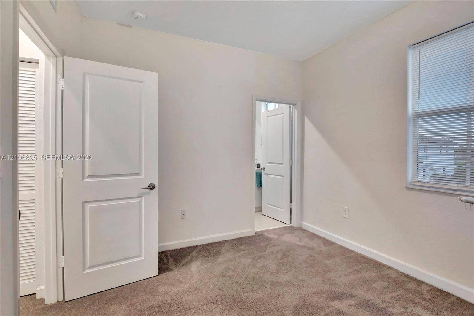Neutral-toned room with plush carpeting, horizontal window blinds, and solid-core paneled interior doors