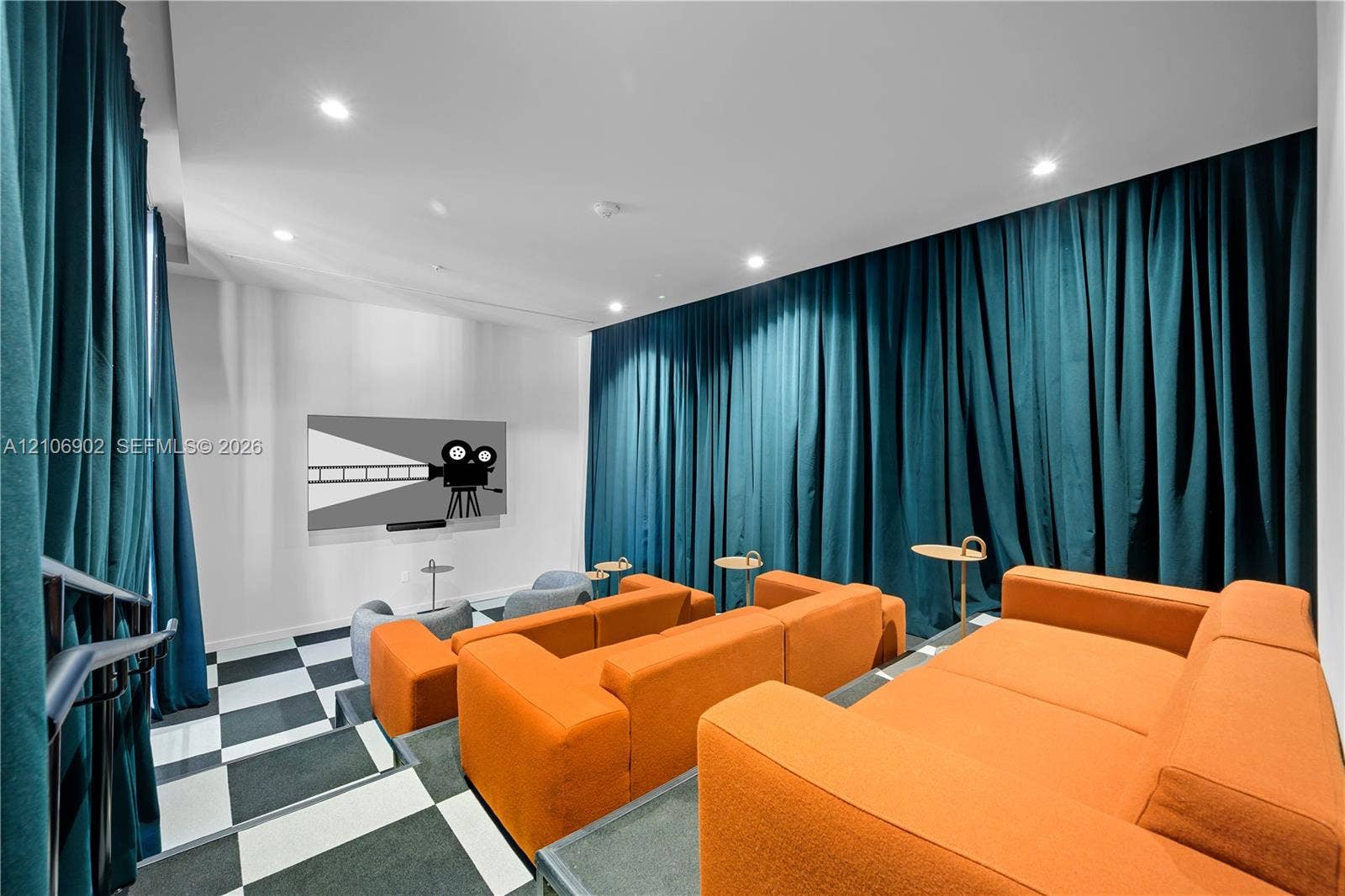 11 NE 6th Street, #1111, Miami, FL 33132 Multi-tiered seating area featuring recessed lighting, checkered flooring, and full-height wall drapery
