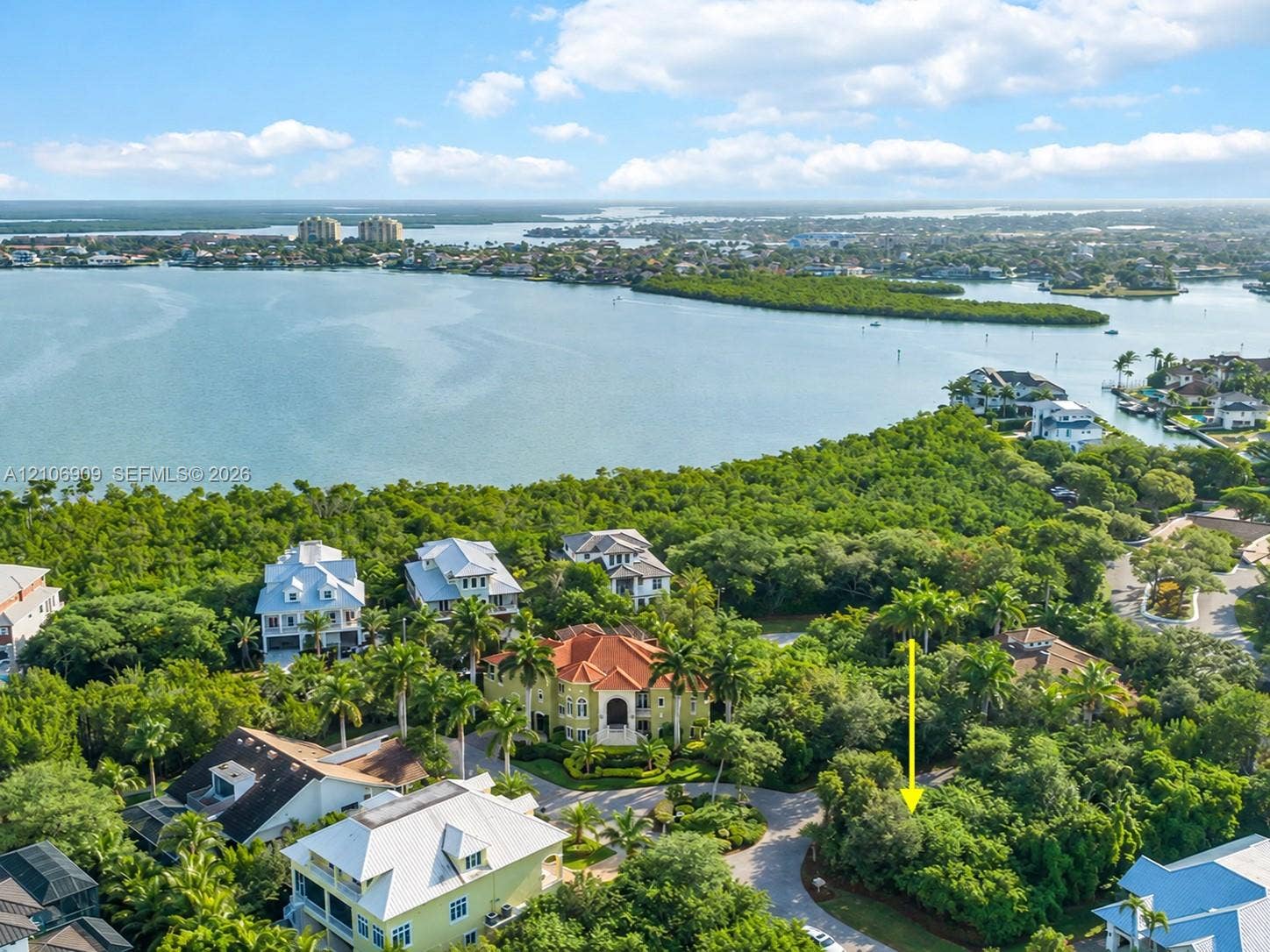 331 Wild Orchid Lane, Marco Island, Marco Island, FL 34145 Aerial perspective of a coastal parcel featuring mature vegetation and direct proximity to a broad waterway