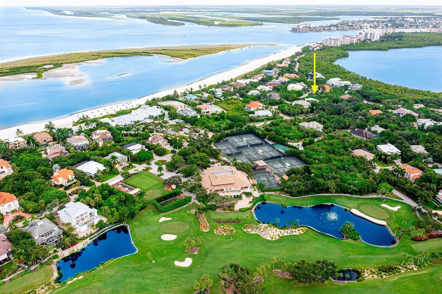 331 Wild Orchid Lane, Marco Island, Marco Island, FL 34145 Aerial perspective of coastal residential property featuring proximity to beach frontage, surrounding mature vegetation, and expansive golf course grounds