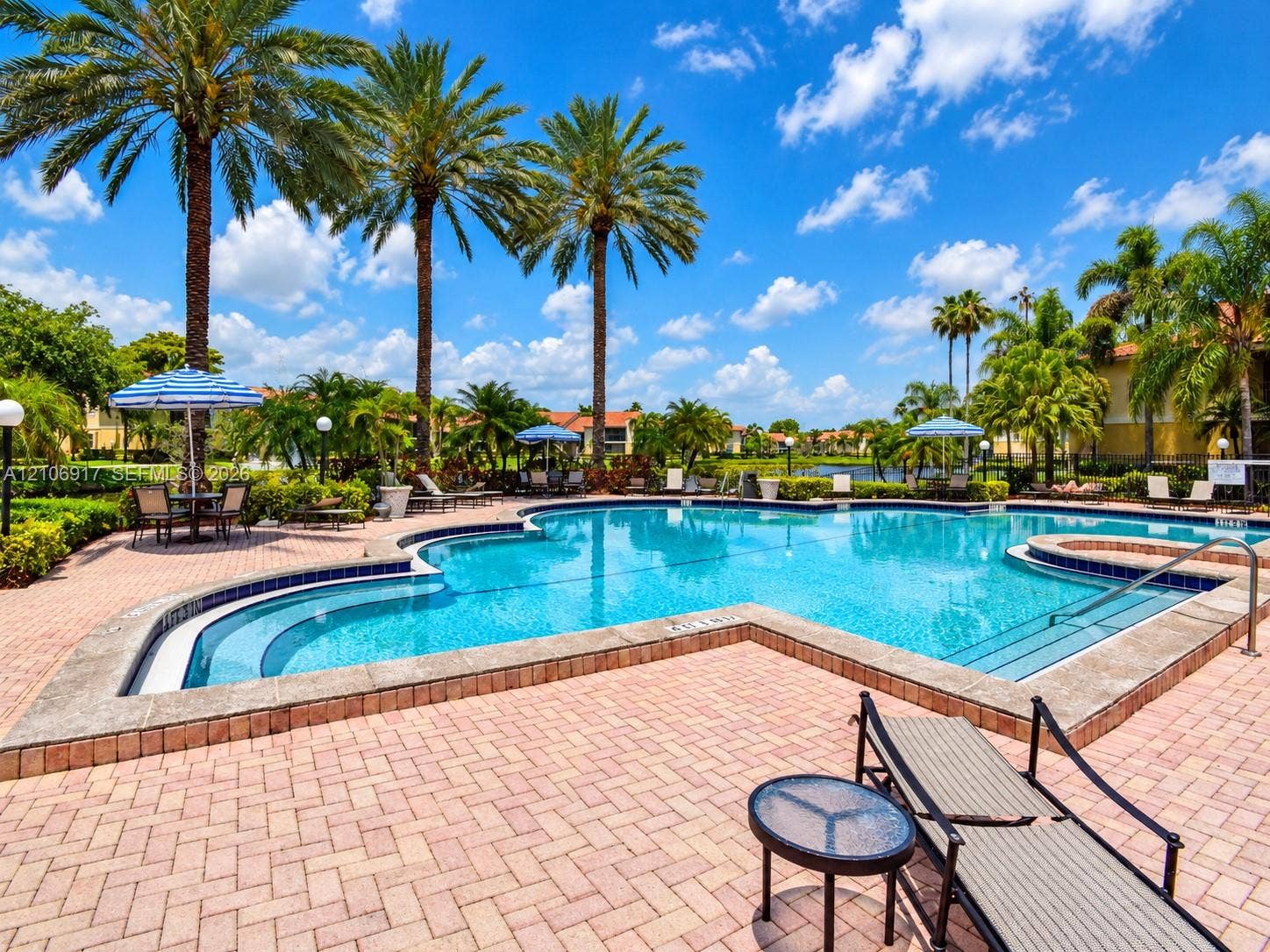 In-ground swimming pool featuring a brick paver deck, built-in steps, and surrounding palm trees