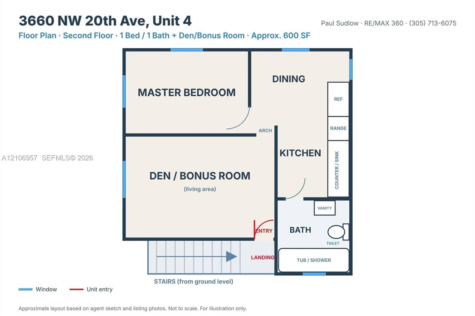 3660 NW 20th Avenue, #4, Miami, Miami, FL 33142 Floor plan: approximate layout, not to scale, for illustration only.