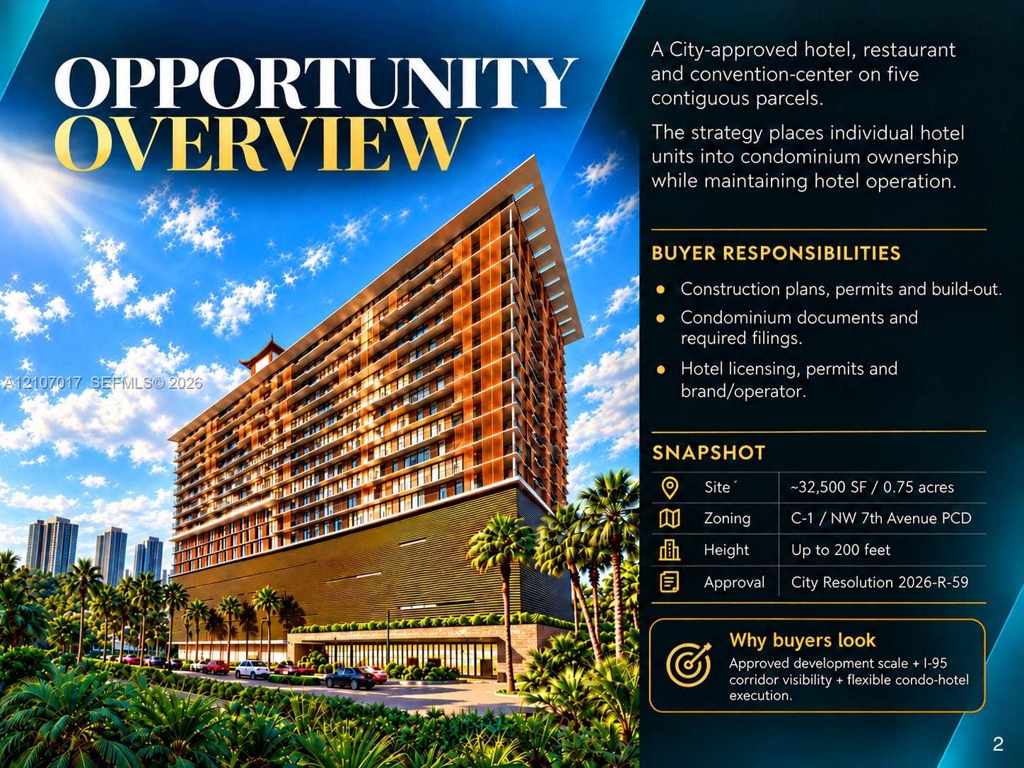 Commercial Property Offering. Outlining development specifications, regulatory approvals, and buyer requirements for the property