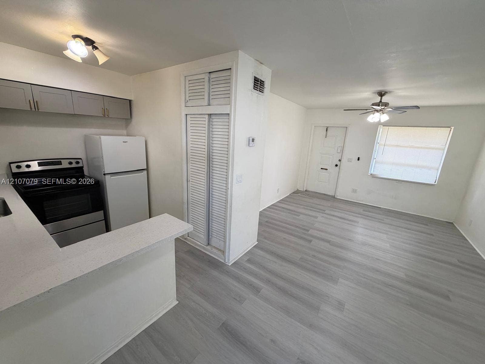 2450 Lincoln Street, #3, Hollywood, Hollywood, FL 33020 Kitchen featuring stone-finish countertops, shaker-style cabinetry, wood-finish flooring, and built-in closet storage