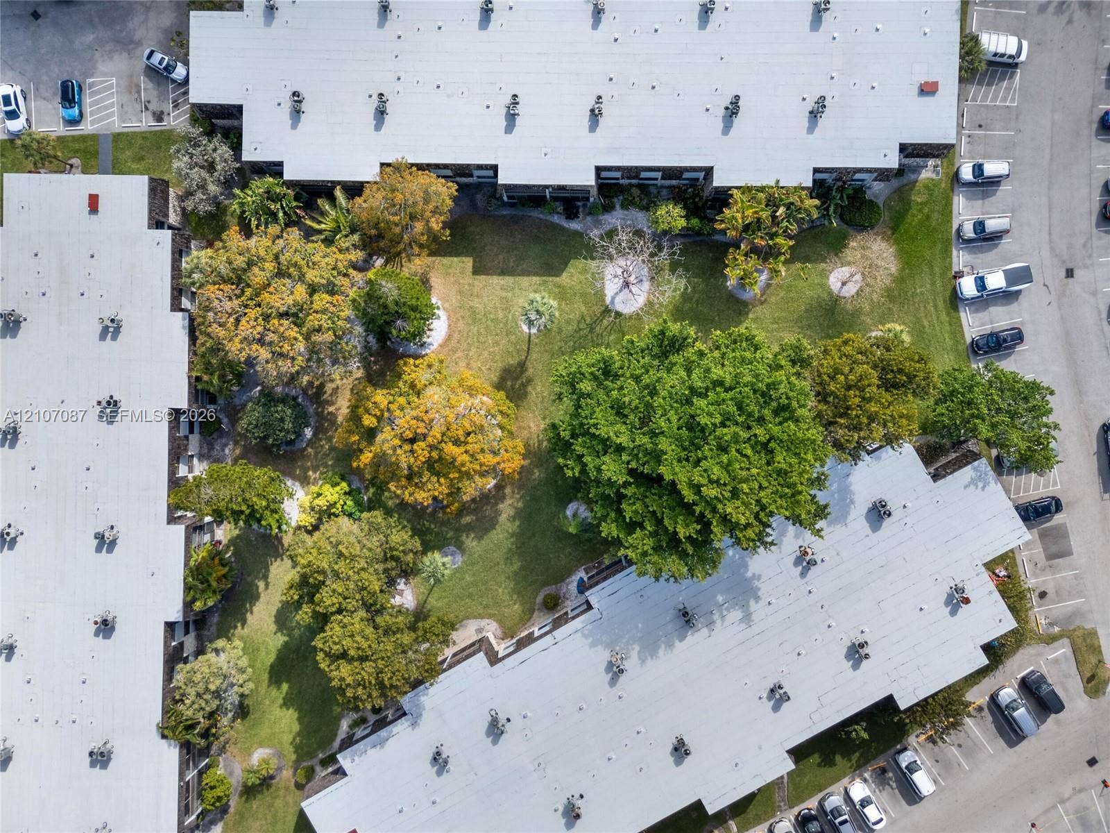 Aerial view of common area grounds featuring mature trees, landscaped lawns, and surface parking areas