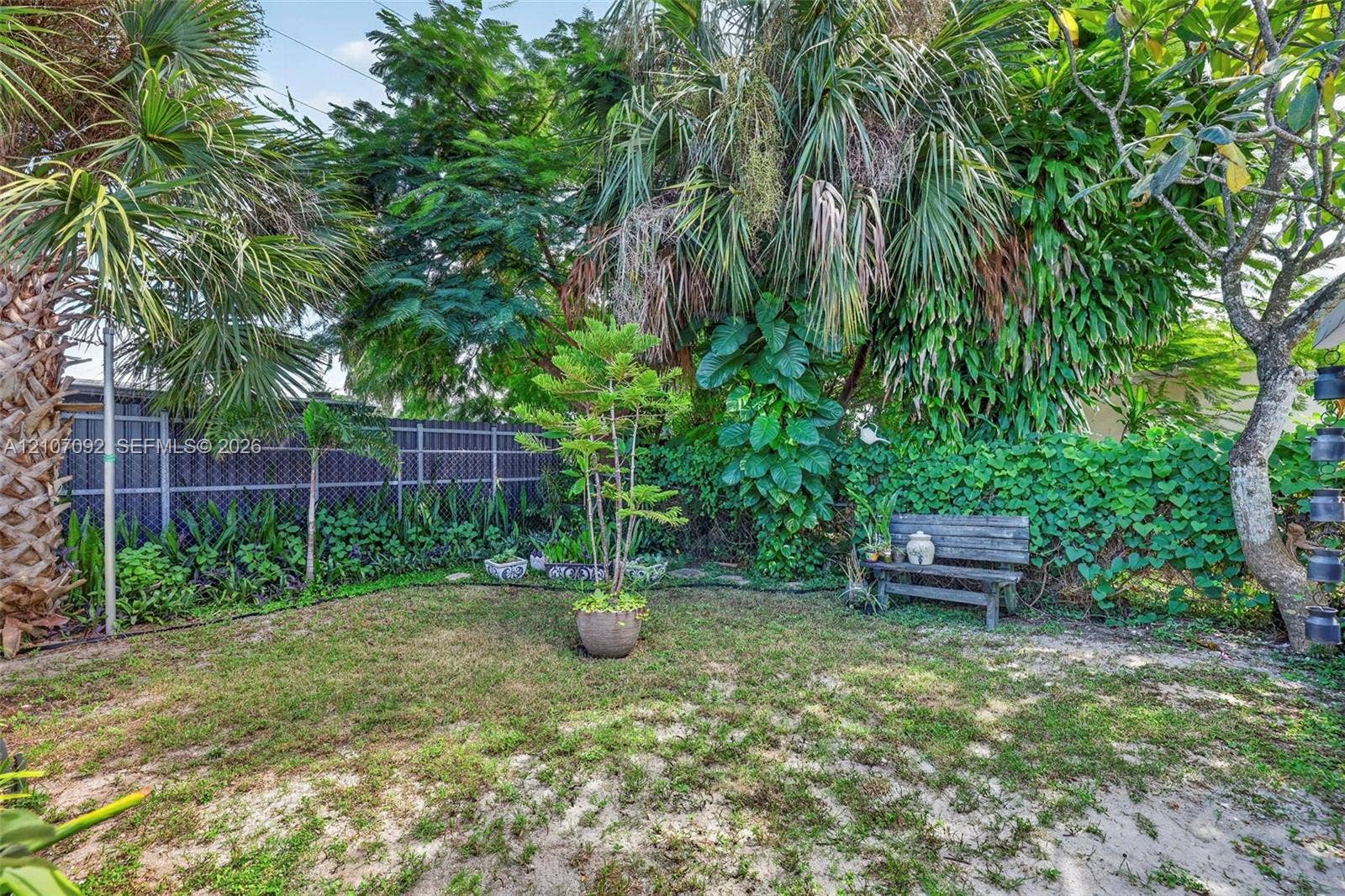 2864 NE 12th Terrace, Pompano Beach, FL 33064 Backyard featuring mature palm trees, dense perimeter greenery, chain-link fencing, and established ground cover