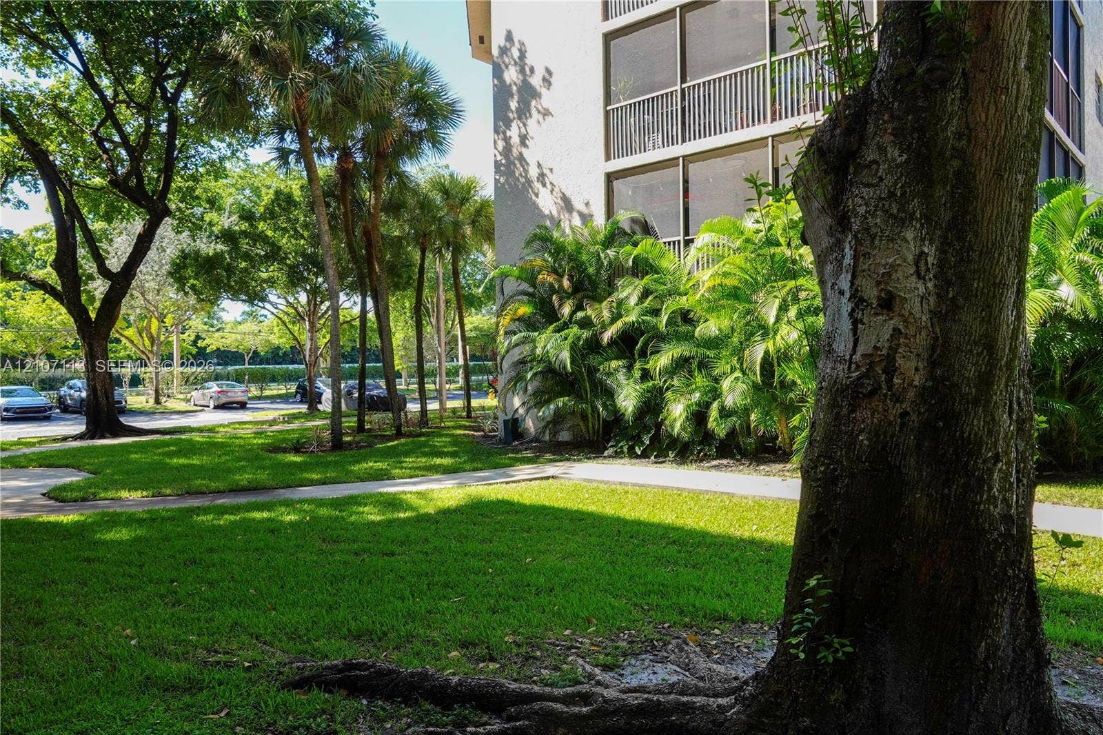 10451 W Broward Boulevard, #102, Plantation, Plantation, FL 33324 Multi-story building exterior featuring screened balconies, concrete walkways, expansive green space, and mature trees