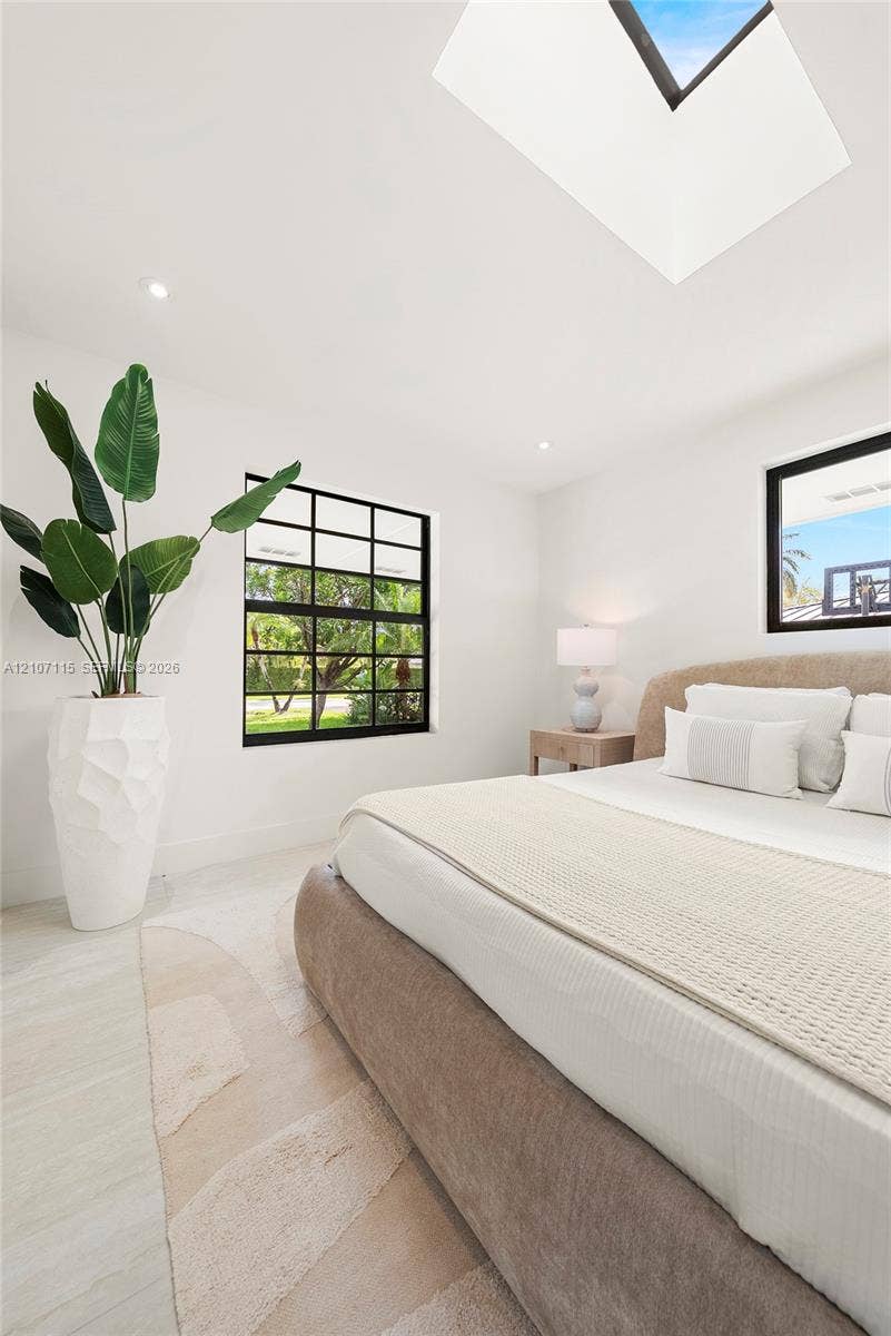 Skylight, multi-pane black-framed windows, and light-toned flooring