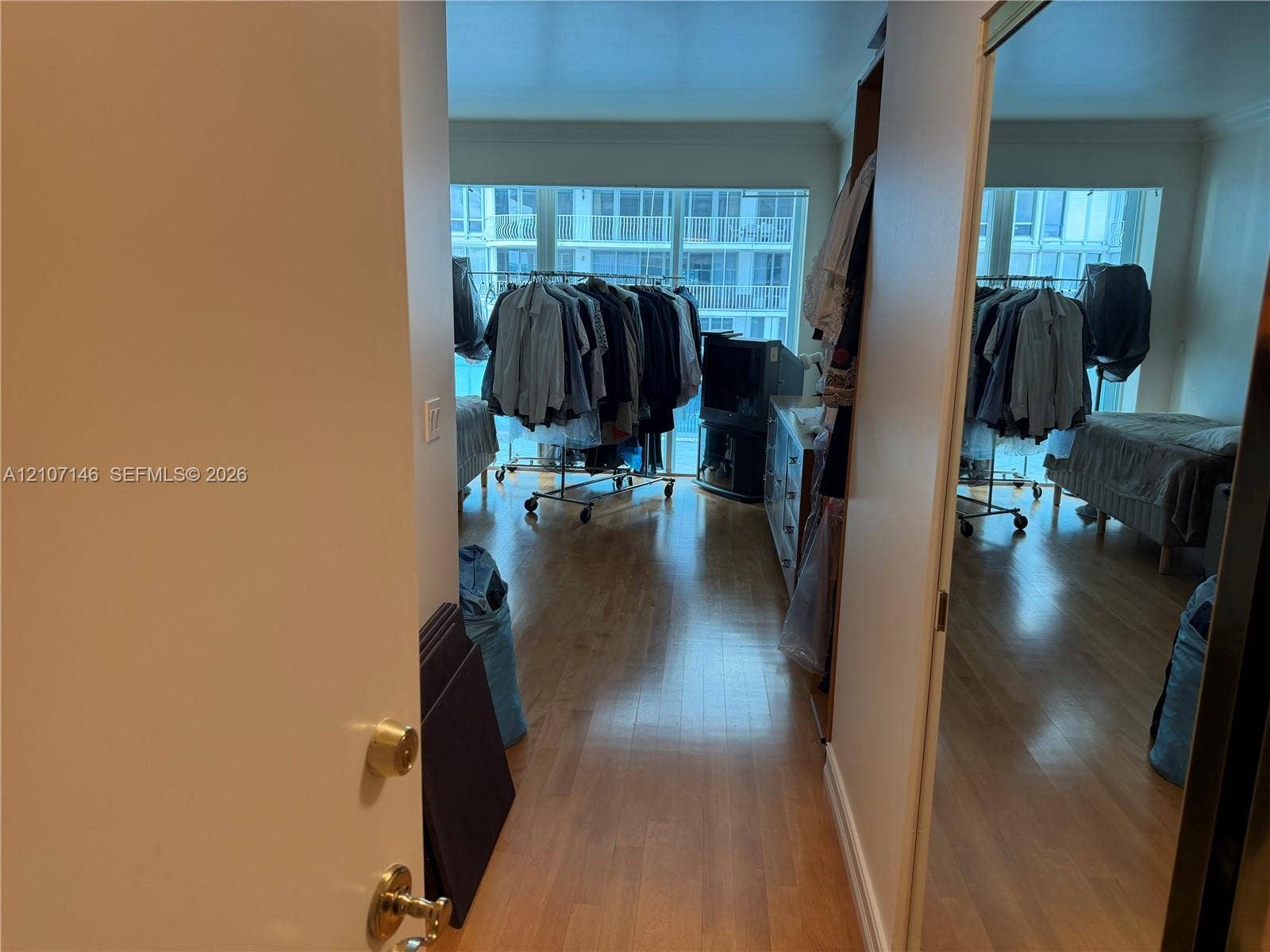 Wood-finish flooring, full-length mirrored closet doors, and floor-to-ceiling windows