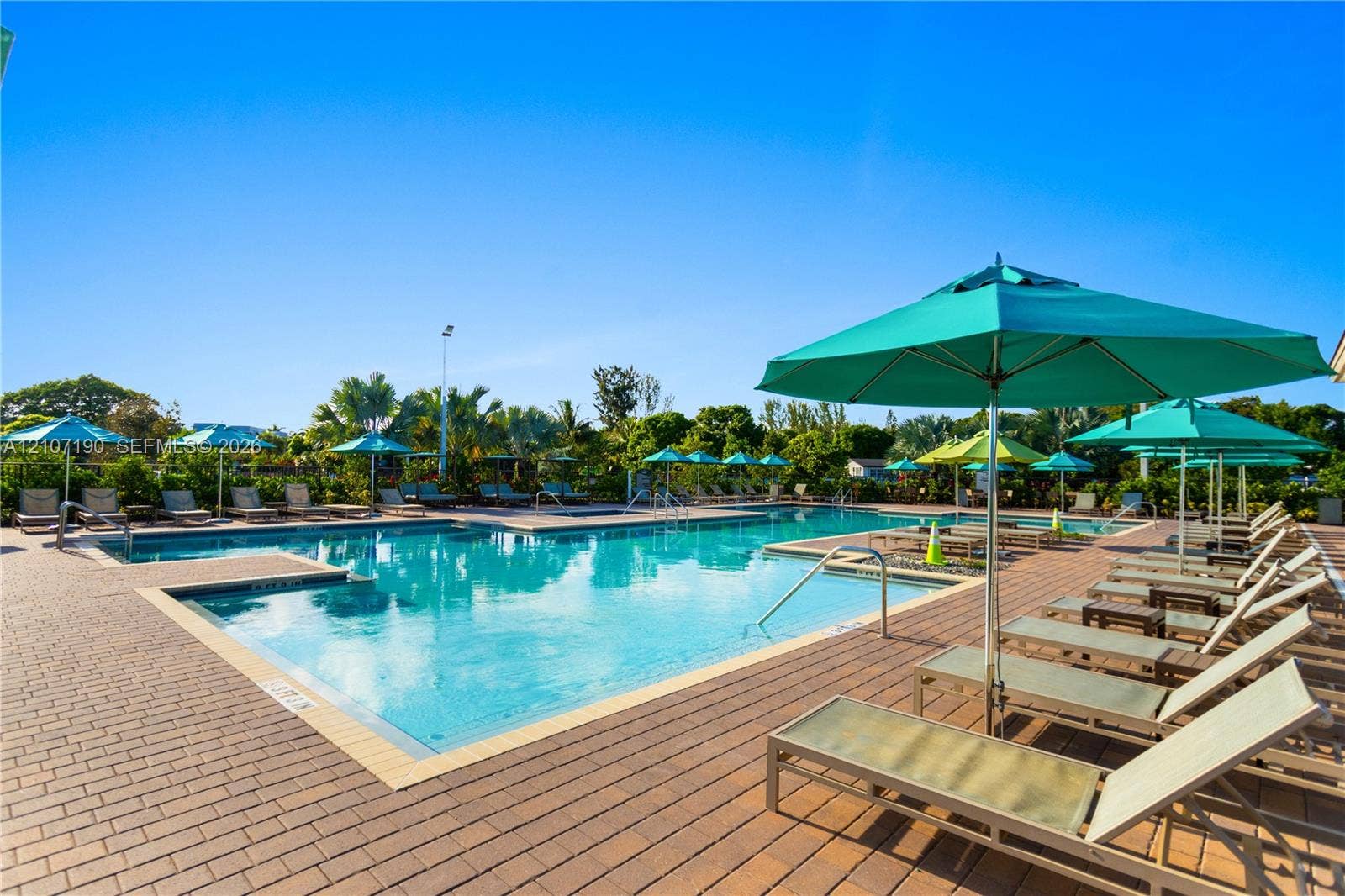 Swimming pool with paved surround and integrated steps, featuring metal pool railings and mature landscaping