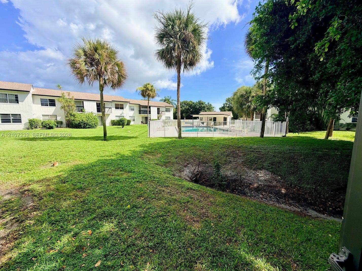 Extensive landscaped lawn featuring mature palm trees and a fenced swimming pool with an enclosed structure