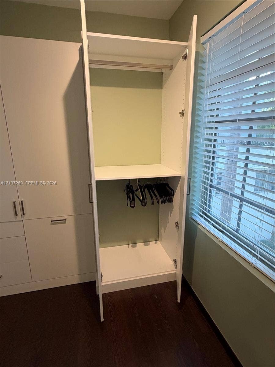 435 21st Street, #316, Miami Beach, Miami Beach, FL 33139 Built-in floor-to-ceiling cabinetry with white finish, integrated hanging rods, adjustable shelving, horizontal window blinds, and dark wood-finish flooring