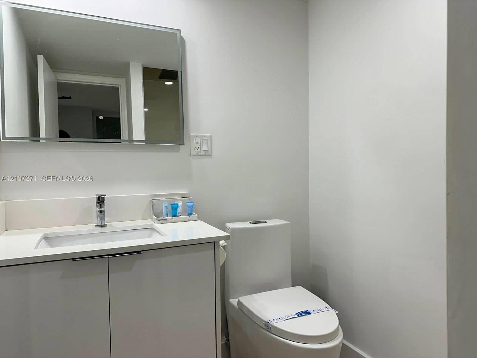Vanity featuring a clean-lined countertop with an integrated rectangular basin, cabinet storage, a wall-mounted rectangular mirror, and a dual-flush toilet