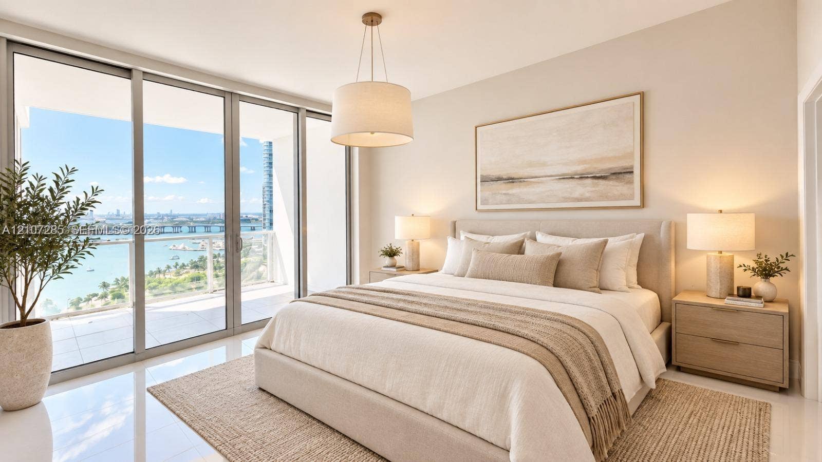 2020 N Bayshore Drive, #2102, Miami, FL 33137 Floor-to-ceiling sliding glass doors, white tile flooring, drum pendant lighting, and a private balcony featuring a water backdrop ( AI used for interiors )