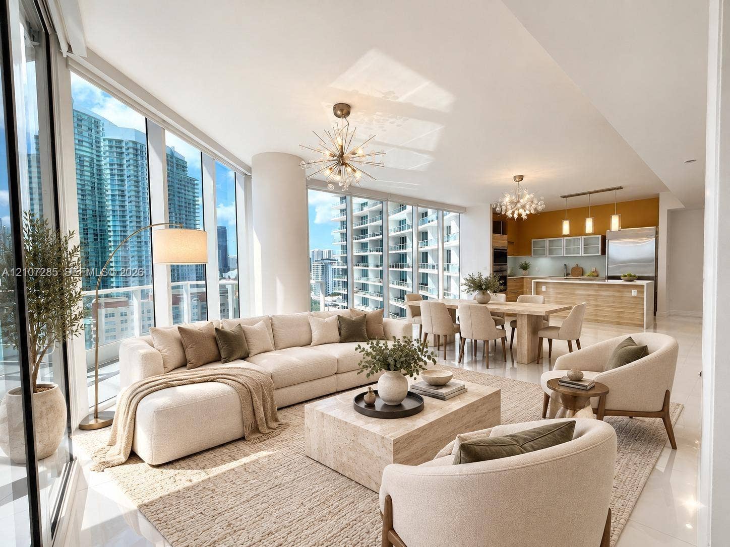 2020 N Bayshore Drive, #2102, Miami, FL 33137 Floor-to-ceiling glass windows, open-concept layout, modern sputnik-style chandeliers, kitchen island with built-in cabinetry, and polished neutral flooring ( AI used for interiors )