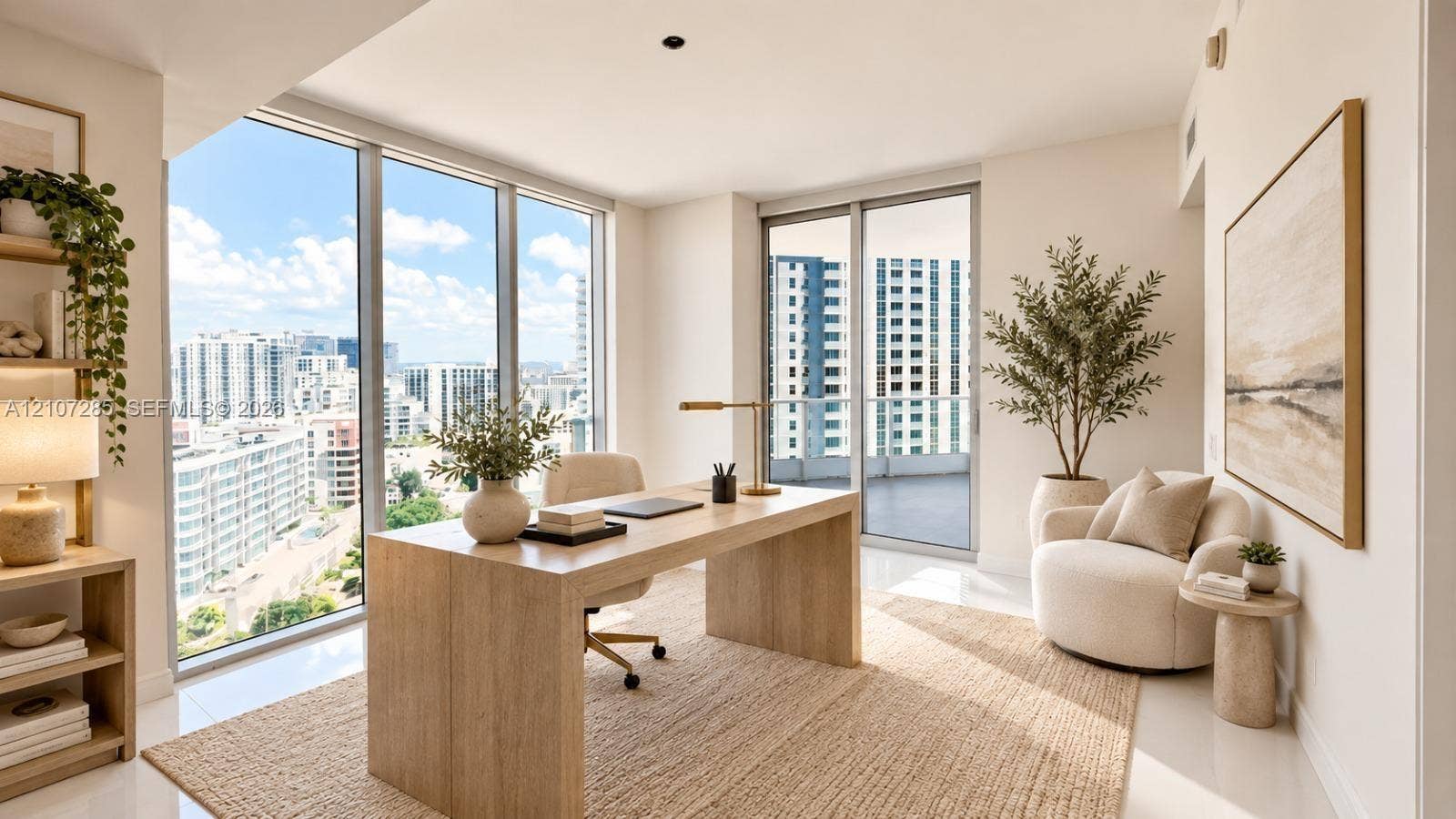 2020 N Bayshore Drive, #2102, Miami, FL 33137 Floor-to-ceiling windows, high-gloss tile flooring, and sliding glass door access to a private balcony ( AI used for interiors )