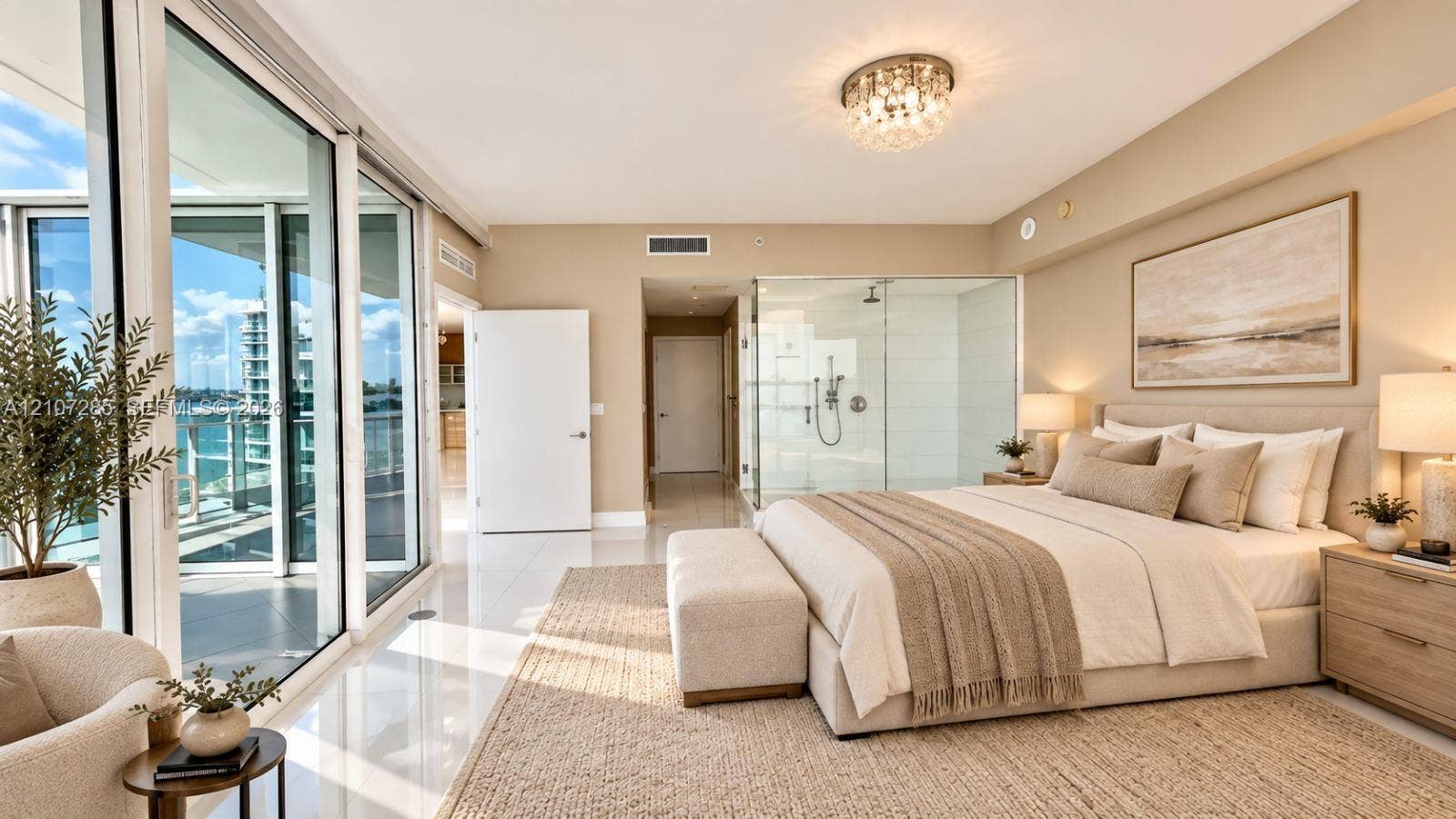 2020 N Bayshore Drive, #2102, Miami, FL 33137 Floor-to-ceiling glass sliding doors, polished tile flooring, glass-enclosed shower, flush-mount crystal light fixture, and recessed lighting ( AI used for interiors )